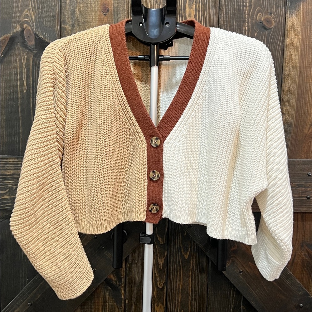 Oversized Cardigan M Colorblock‎ Crop Neutral Brown Preppy Academia Chunky Knit